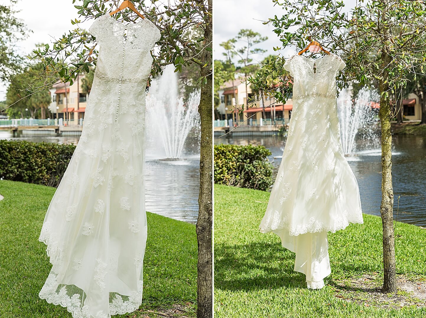 Photo collage of bridal dress hanging by the lake at Hilton Boca Raton Hotel | By Baca Raton Wedding Photographer