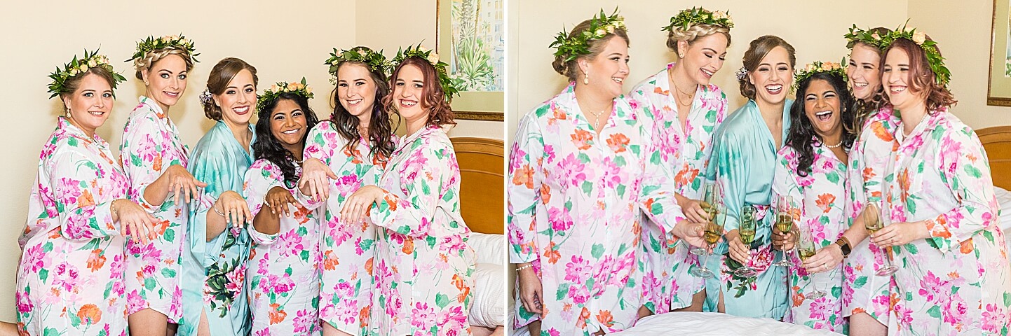 Photo collage of bride & bridesmaids Champaign toast at the Hilton Boca Raton Hotel | Photo by Boca Wedding Photographer