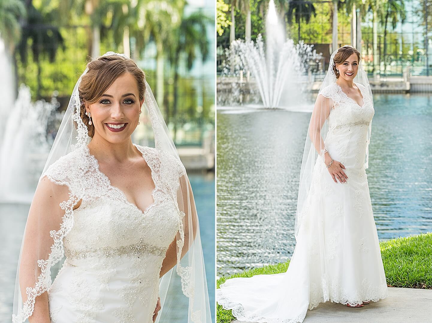 Photo collage of bride posing by lake in Boca Raton | Photo by Boca Wedding Photographer