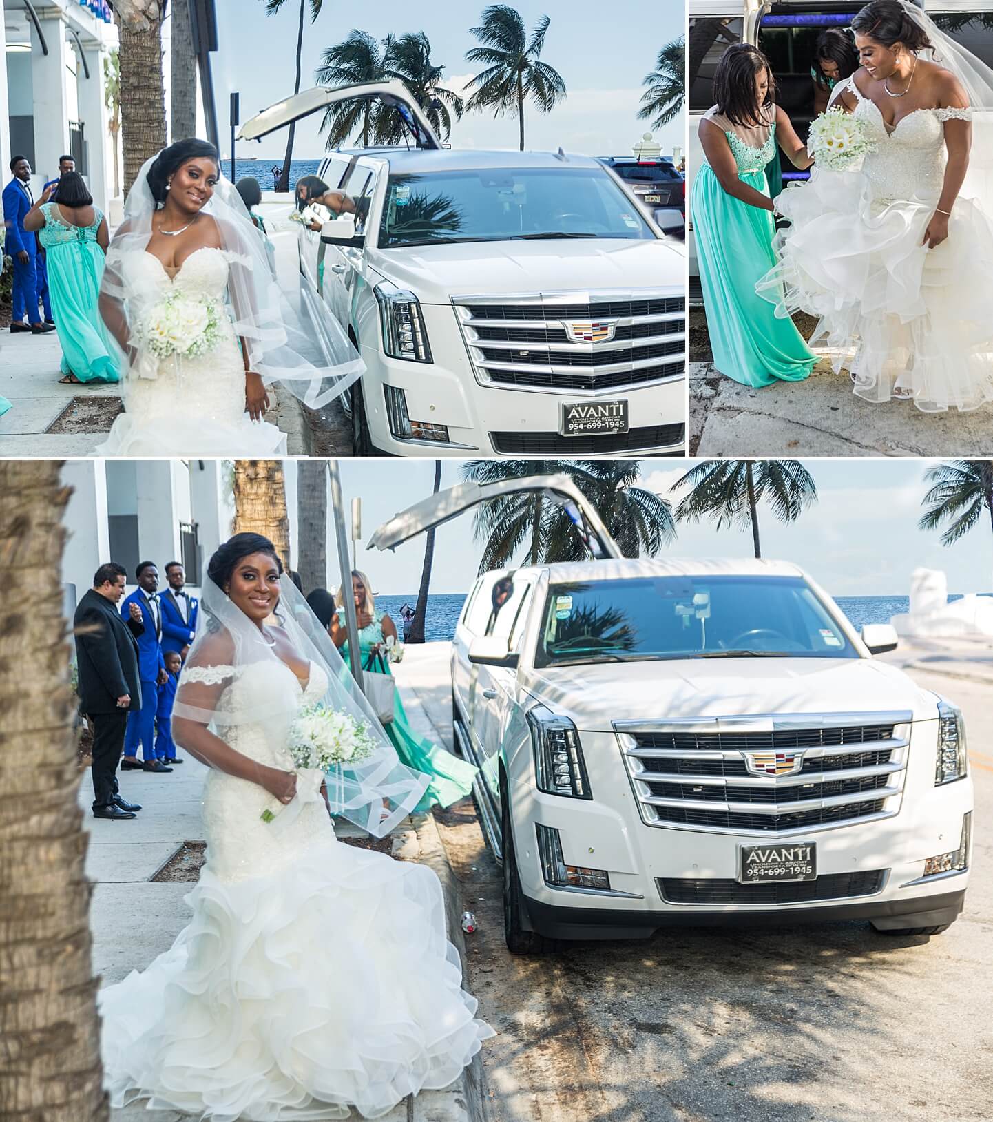 Photo collage of bride arriver at the Crystal Ballroom for her Fort Lauderdale Wedding | White House Wedding Photography