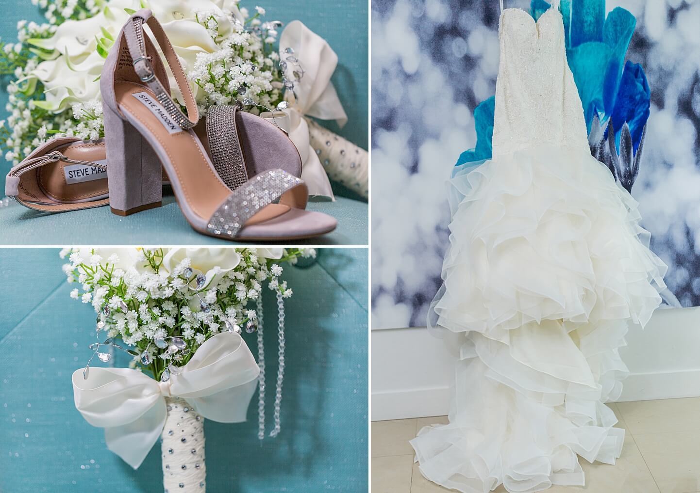 Photo collage of bridal dress and accessories for Fort Lauderdale wedding | White House Wedding Photography