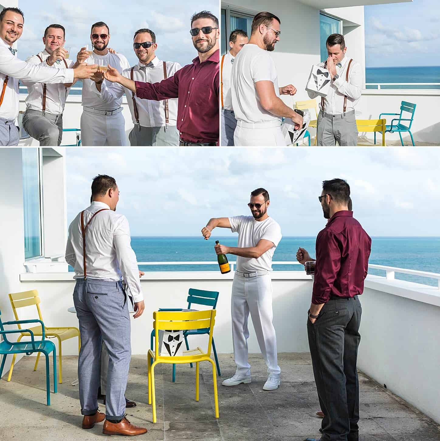 Photo collage of groom toasting with his groomsmen | By Miami Wedding Photographer | White House Wedding Photography