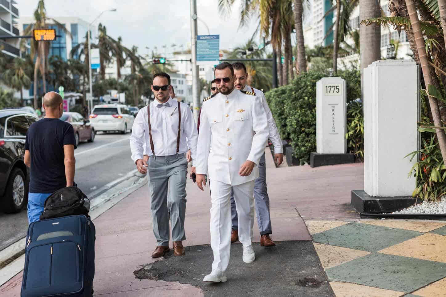 Groom & Groomsmen Walking to SLS Hotel South Beach | Photo By Miami South Beach Photographers