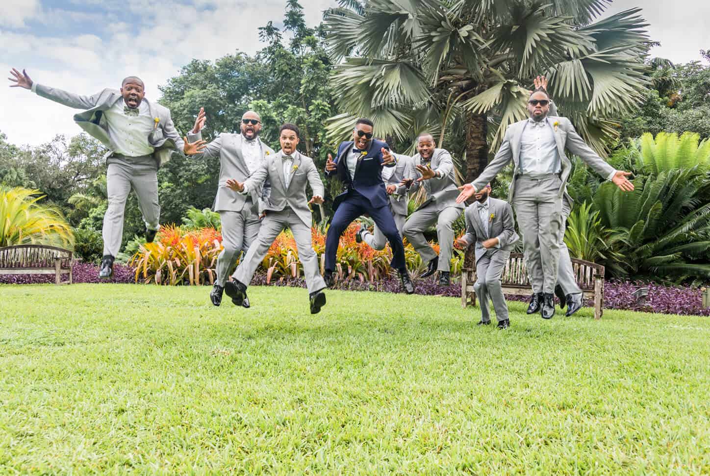 Wedding Party Photo of Groom and Groomsmen Jumping