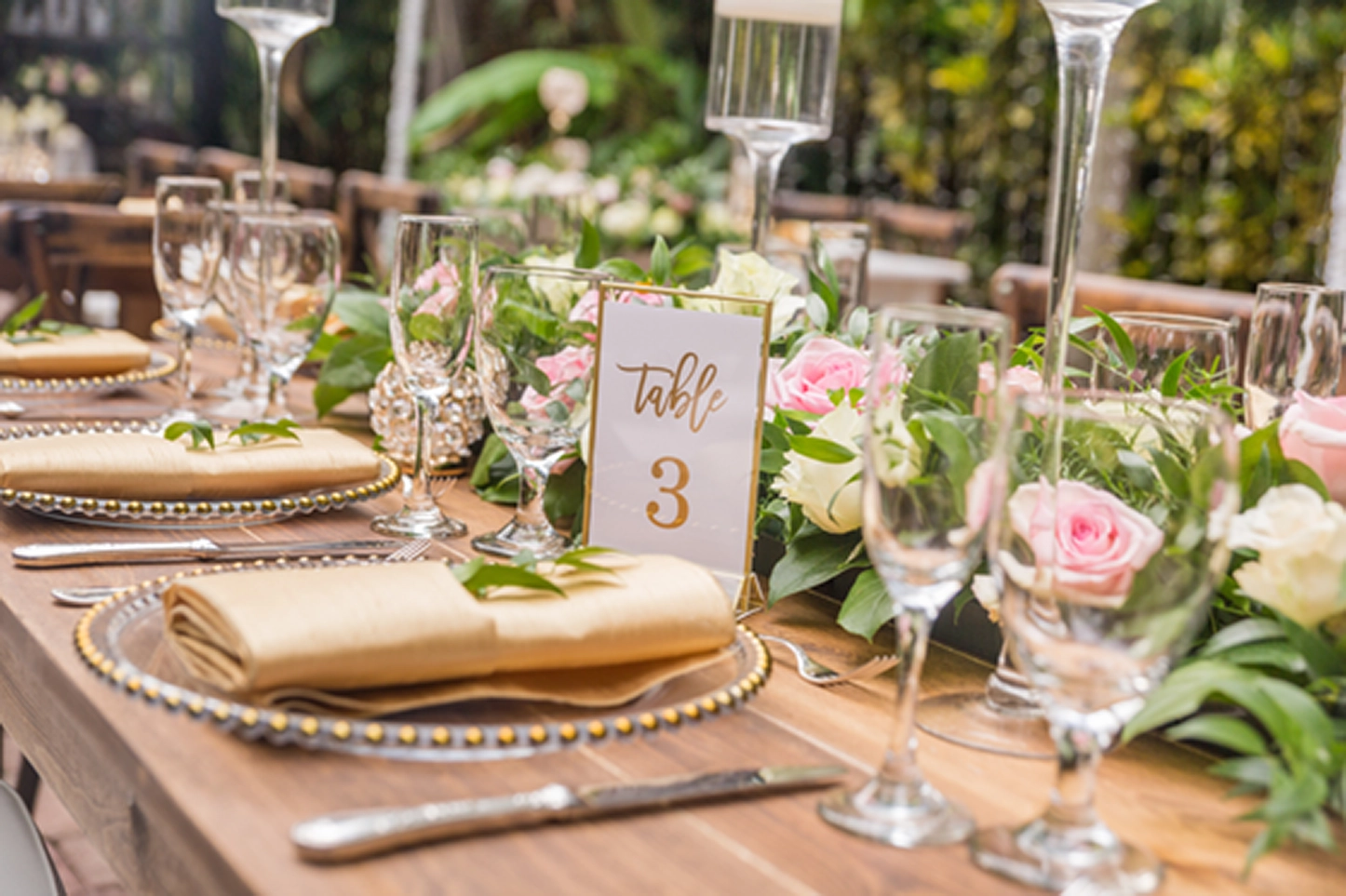 Close-up of an elegant tablescape at a Bamboo Gallery wedding venue in Davie, Florida