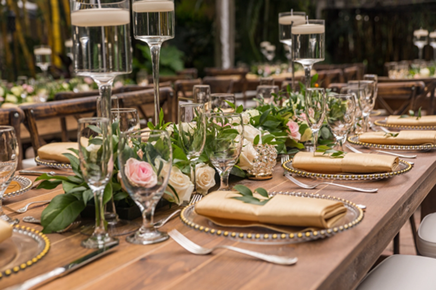 Close-up of an elegant tablescape at a Bamboo Gallery wedding venue in Davie, Florida