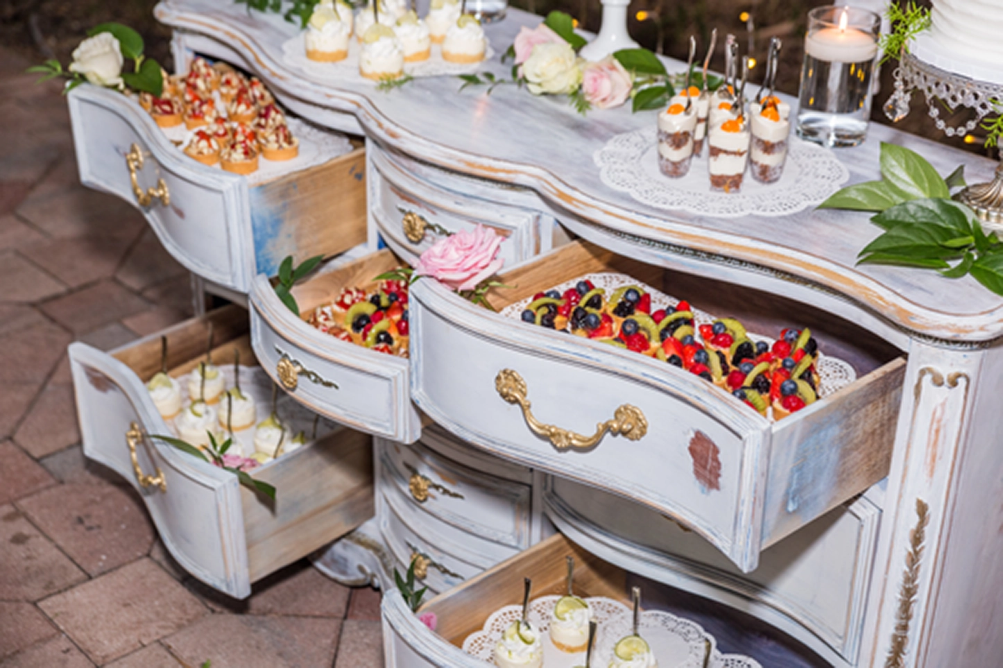 Close-up of a pastry display at a Bamboo Gallery wedding reception in Davie, Florida